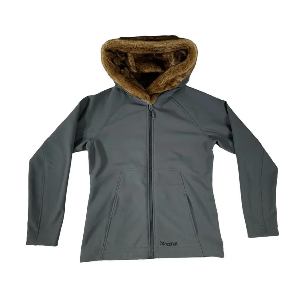 Marmot Womens Jacket Size Medium Gray Fleece Inside Faux Fur‎ Hoodie Zip